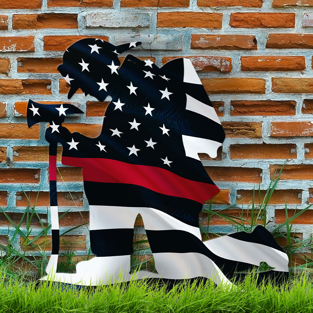 Kneeling Firefighter Metal Sign - American Thin Red Line Flag - Metal Wall Art - GoDuckee