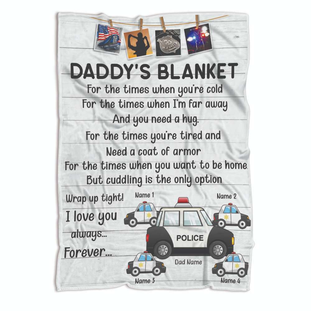 Personalized Police Dad Fleece Blanket - Daddy's Blanket - Custom Police Car - Blanket - GoDuckee
