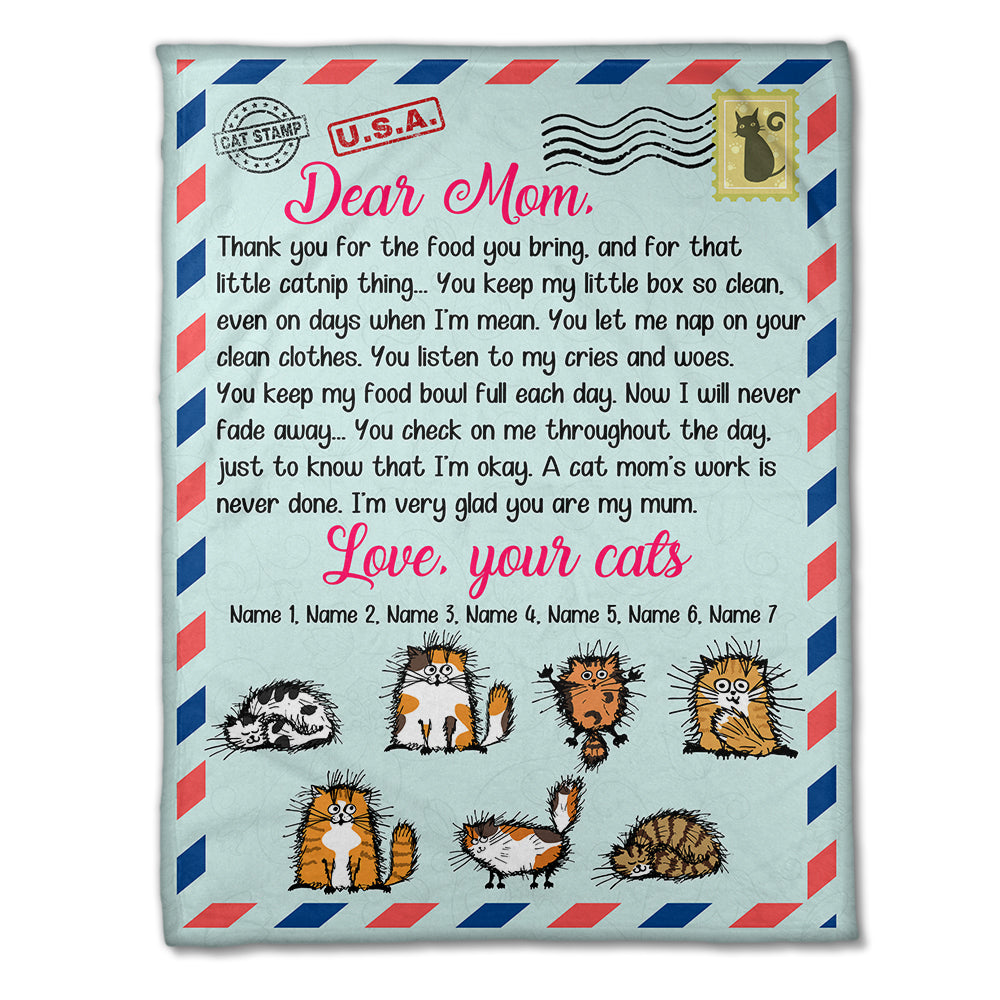 Personalized Cartoon Cat Breeds Blanket - Dear Cat Mom, Love From Cats - Stamps Postage - Blanket - GoDuckee