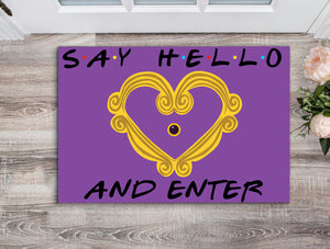 Purple Friends Welcome Mat - Say Hello & Enter - Peephole Frame - Doormat - GoDuckee