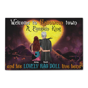 Personalized Horror Couple Welcome Mat - Pumpkin King & His Lovely Rag Doll Live Here - Doormat - GoDuckee