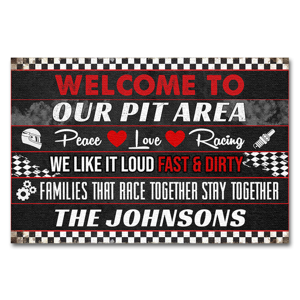 Racing Doormat - Custom Family's Name - Welcome To Our Pit Area, Loud Fast & Dirty - Checkered Theme - Doormat - GoDuckee