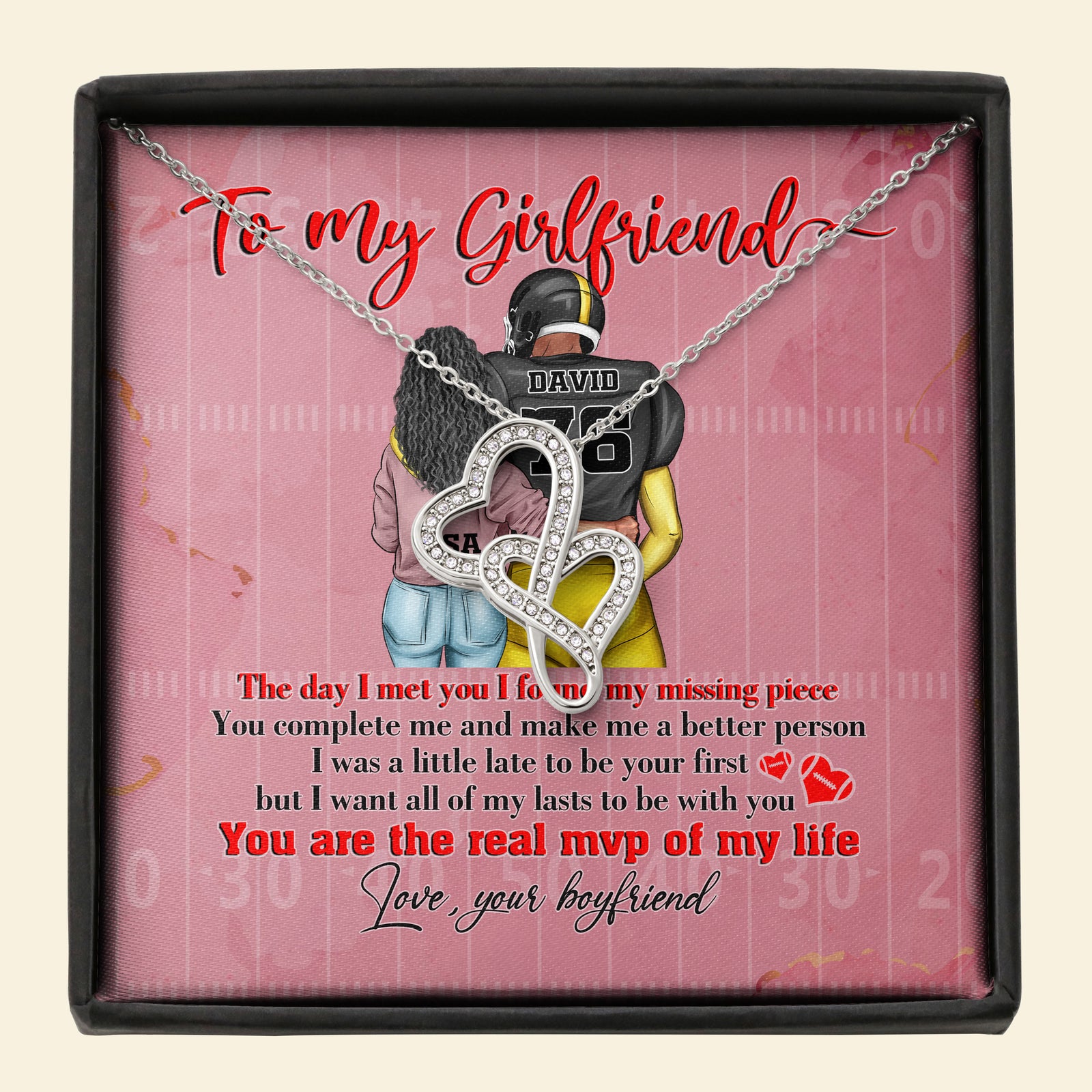 Personalized Football Couple - Double Hearts Necklace - To My Girlfriend Message Card - American Football - Jewelry - GoDuckee