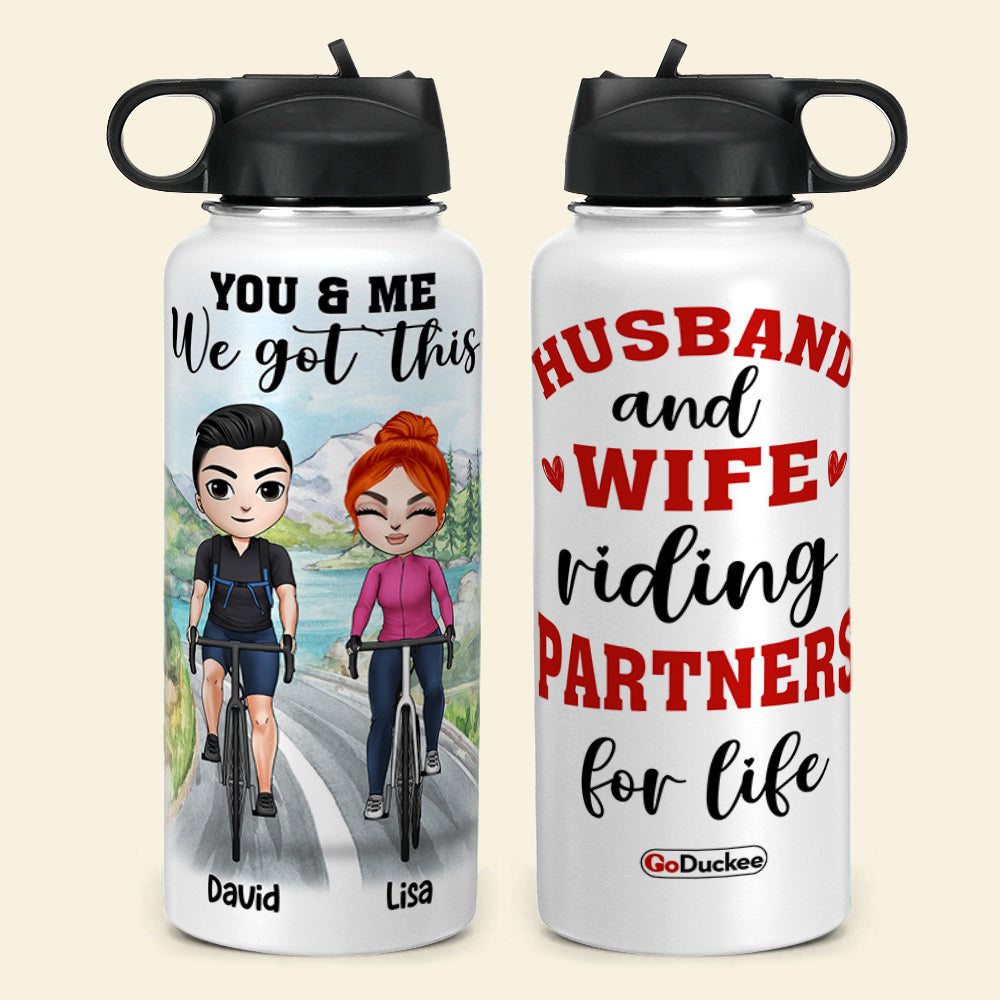 Personalized Cycling Couple Water Bottle - Husband And Wife Riding Partners For Life - Cycling Front View - Water Bottles - GoDuckee