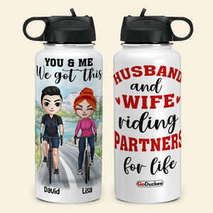 Personalized Cycling Couple Water Bottle - Husband And Wife Riding Partners For Life - Cycling Front View - Water Bottles - GoDuckee