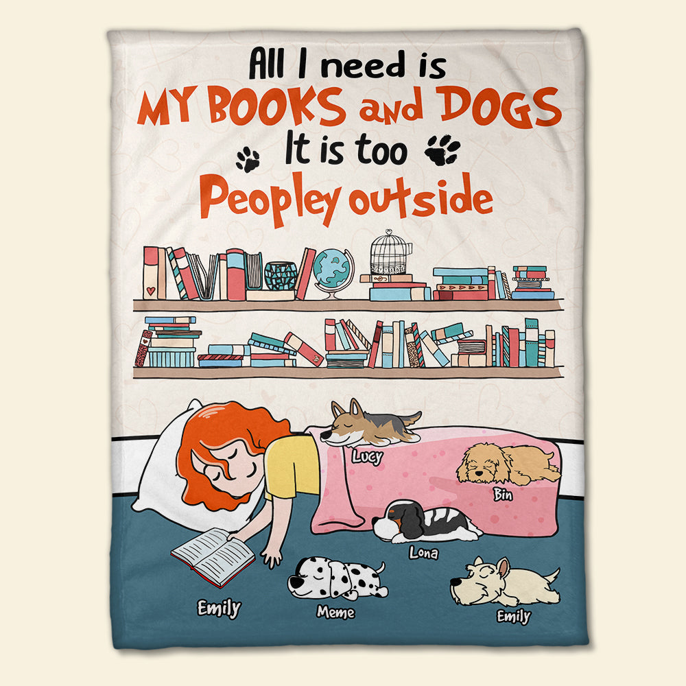 Personalized Cartoon Sleeping Girl & Dog Breeds Blanket - Book Lover - All I Need Is My Books And Cats - Blanket - GoDuckee