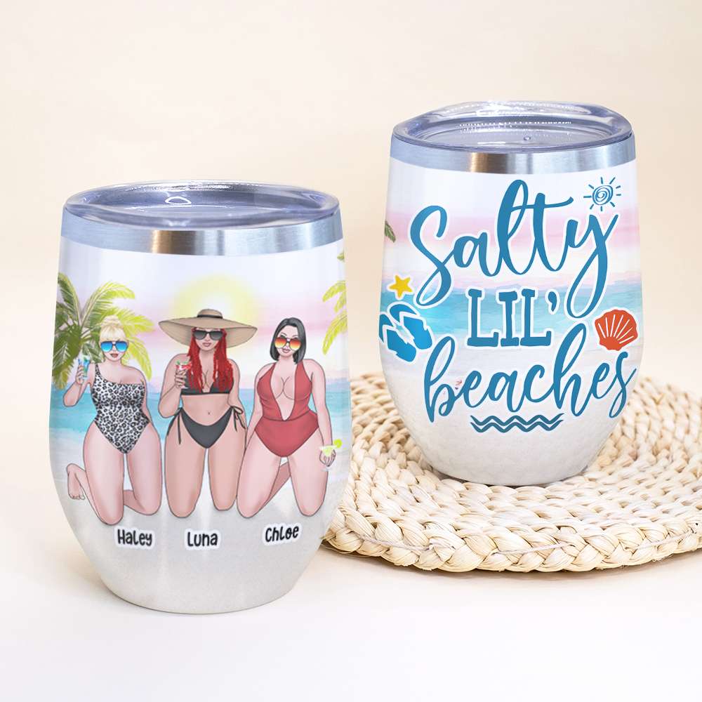 Personalized Bikini Girls Trip Wine Tumbler - Salty Lil' Beaches - Beach & Leopard Theme - Wine Tumbler - GoDuckee