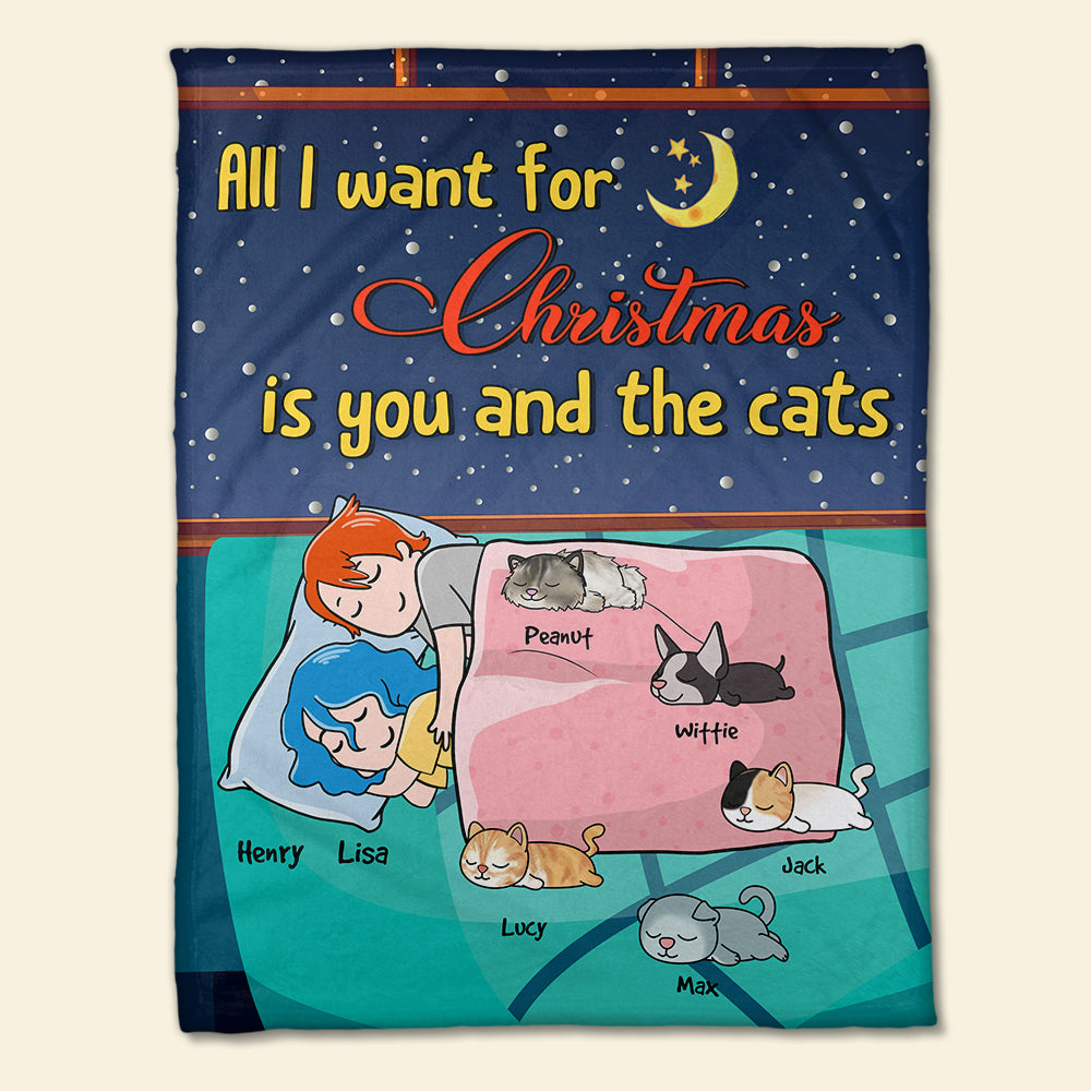 Personalized Cartoon Sleeping Couple & Cat Breeds Blanket - All I Want For Christmas Is You And The Cats - Blanket - GoDuckee