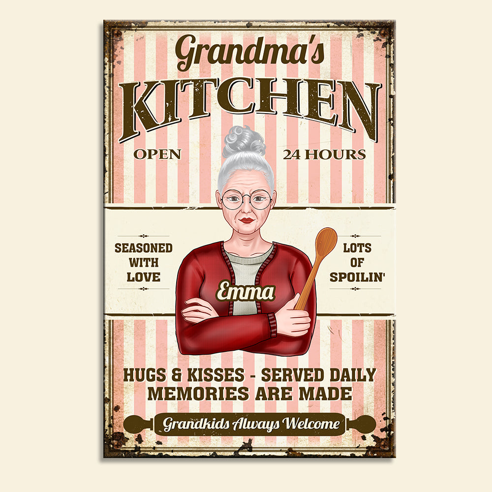 Personalized Cooking Woman Metal Sign - Grandma's Kitchen Open 24 Hours - Metal Wall Art - GoDuckee