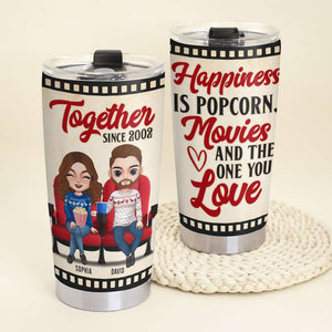 Movie Couple Happiness Is Popcorn Movies And The One You Love, Personalized Tumbler - Tumbler Cup - GoDuckee