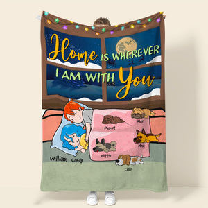 Personalized Cartoon Sleeping Couple & Dog Breeds Blanket - Home Is Wherever I Am With You - Blanket - GoDuckee