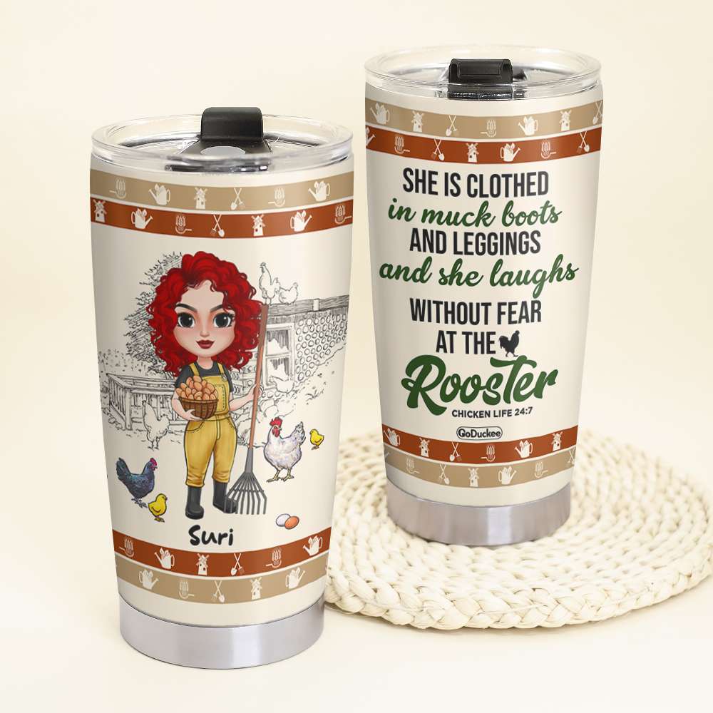 She Laughs Without Fear At The Rooster, Personalized Farm Chicken Lady Tumbler - Tumbler Cup - GoDuckee