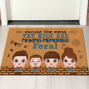 Excuse The Mess The Kids Are Feral, Personalized Door Mat, Gift For Family, Mother's Day Gift, Chibi Little Kids - Doormat - GoDuckee