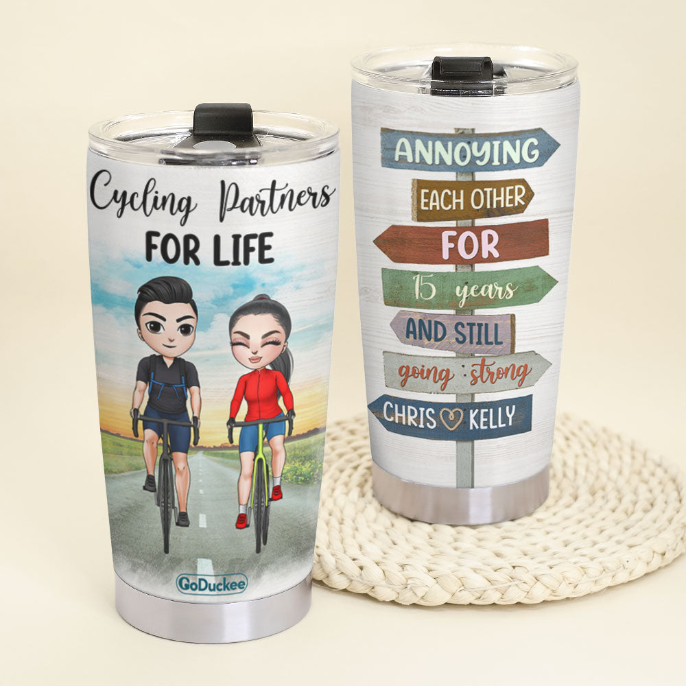 Personalized Cycling Couple Tumbler - Cycling Partners For Life - Tumbler Cup - GoDuckee
