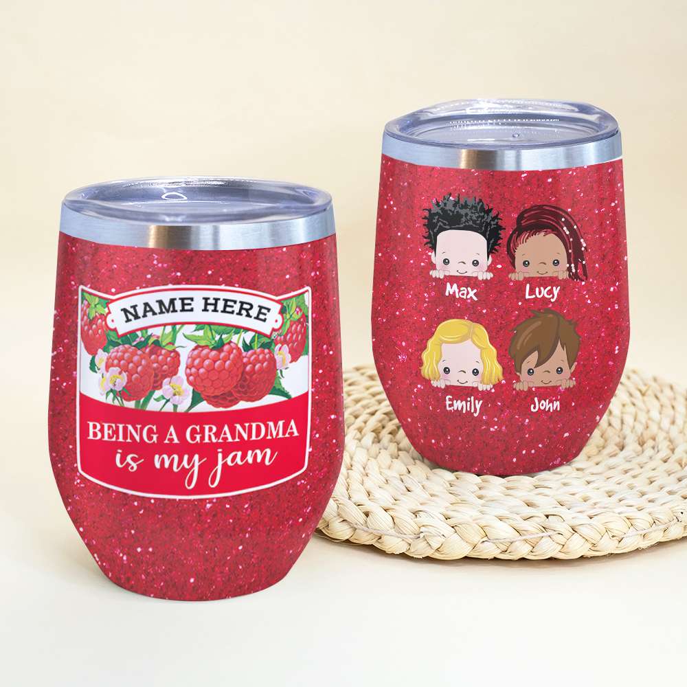 Personalized Cartoon Grandkids Wine Tumbler - Being A Grandma Is My Jam - Strawberry Theme - Wine Tumbler - GoDuckee