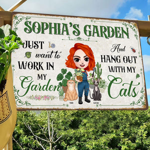 Personalized Gardening Metal Sign Girl With Cats I Just Want To Work In My Garden - Metal Wall Art - GoDuckee