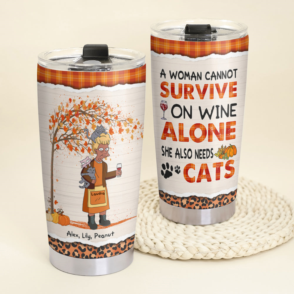 Personalized Cat Mom Personalized - Autumn Woman Cannot Survive On Wine Alone - Tumbler Cup - GoDuckee
