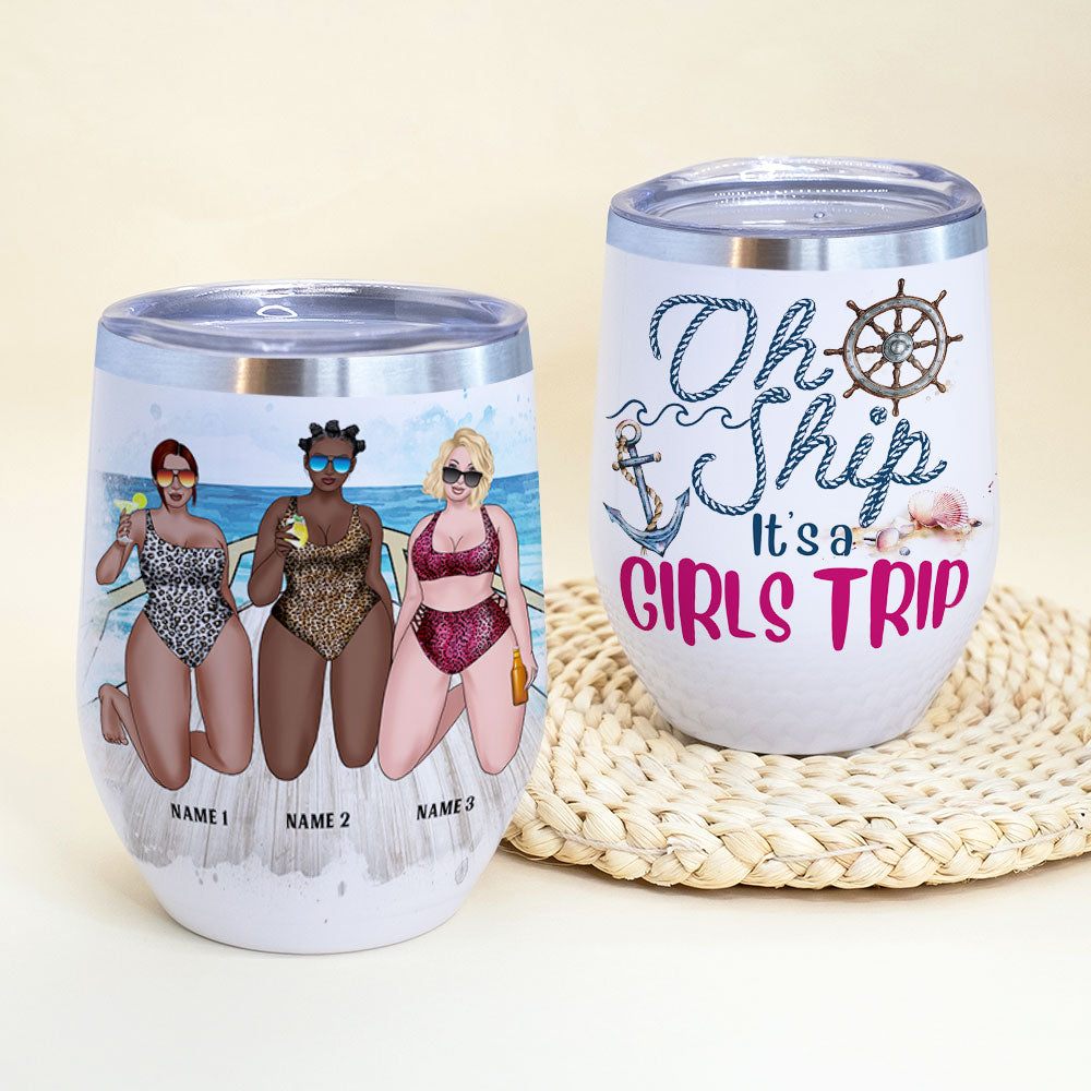 Personalized Bikini Girls Trip Wine Tumbler - Oh Ship It's A Girls Trip - Leopard Pattern - Wine Tumbler - GoDuckee