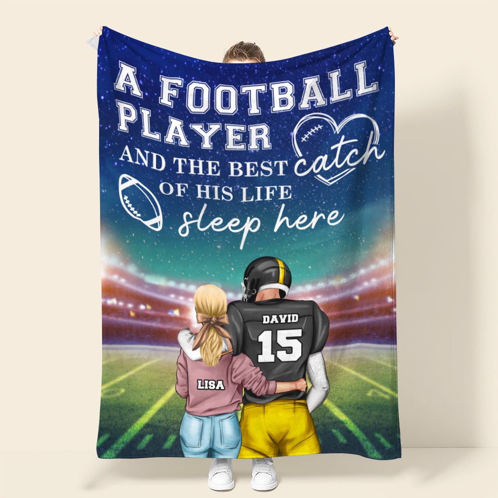 Personalized American Football Couple Blanket - A Player & The Best Catch Of His Life Sleep Here - Blanket - GoDuckee