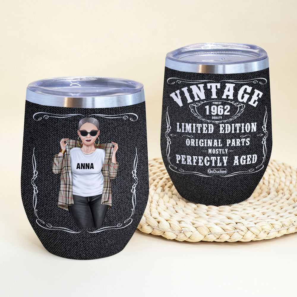 Cool & Badass Woman - Personalized Birthday Wine Tumbler - Limited Edition Original Parts Mostly Perfectly Aged - J.Daniel Theme - Wine Tumbler - GoDuckee