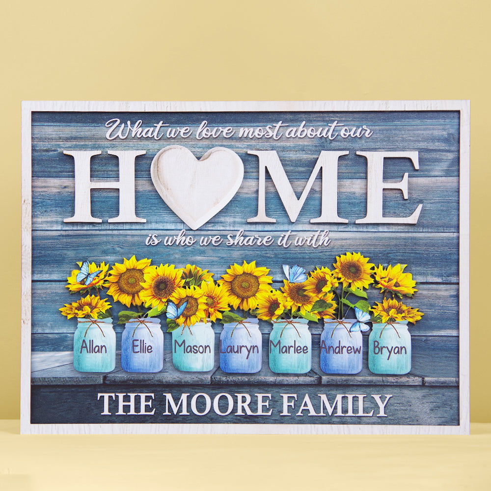 What We Love Most About Our Home Is Who We Share It With Personalized Family Layered Wood Sign Stand - Wood Sign - GoDuckee