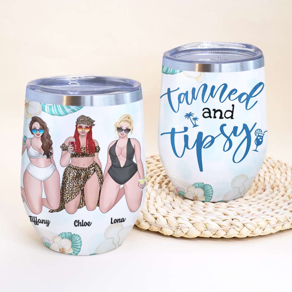 Personalized Bikini Girls Trip Wine Tumbler - Tanned And Tipsy - Leopard Pattern - Wine Tumbler - GoDuckee