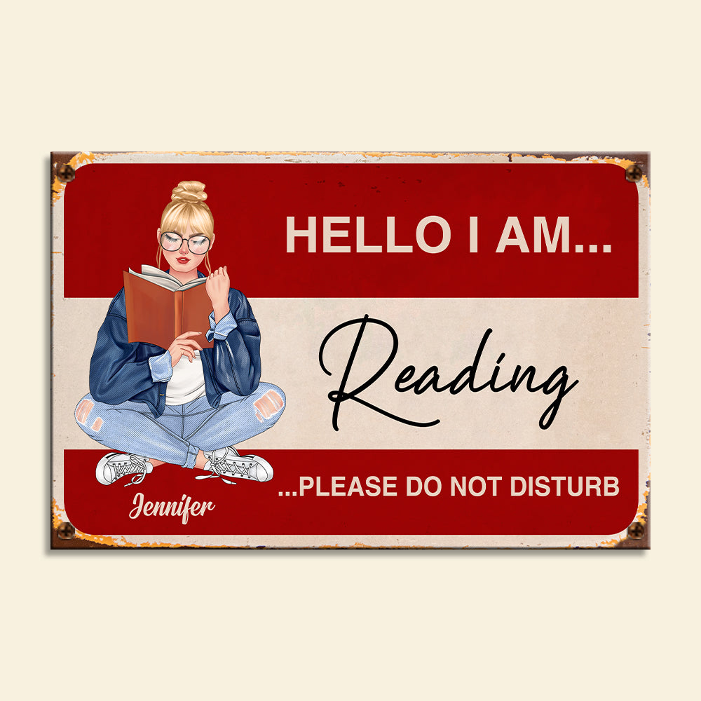 Hello I Am... Reading - Personalized Metal Sign - Gift For Book Lover - Metal Wall Art - GoDuckee