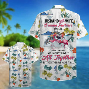 Personalized Flamigo Couple Hawaiian Shirt - Flamingo Husband & Wife, Cruising Partners - Palm Tree Pattern - Hawaiian Shirts - GoDuckee