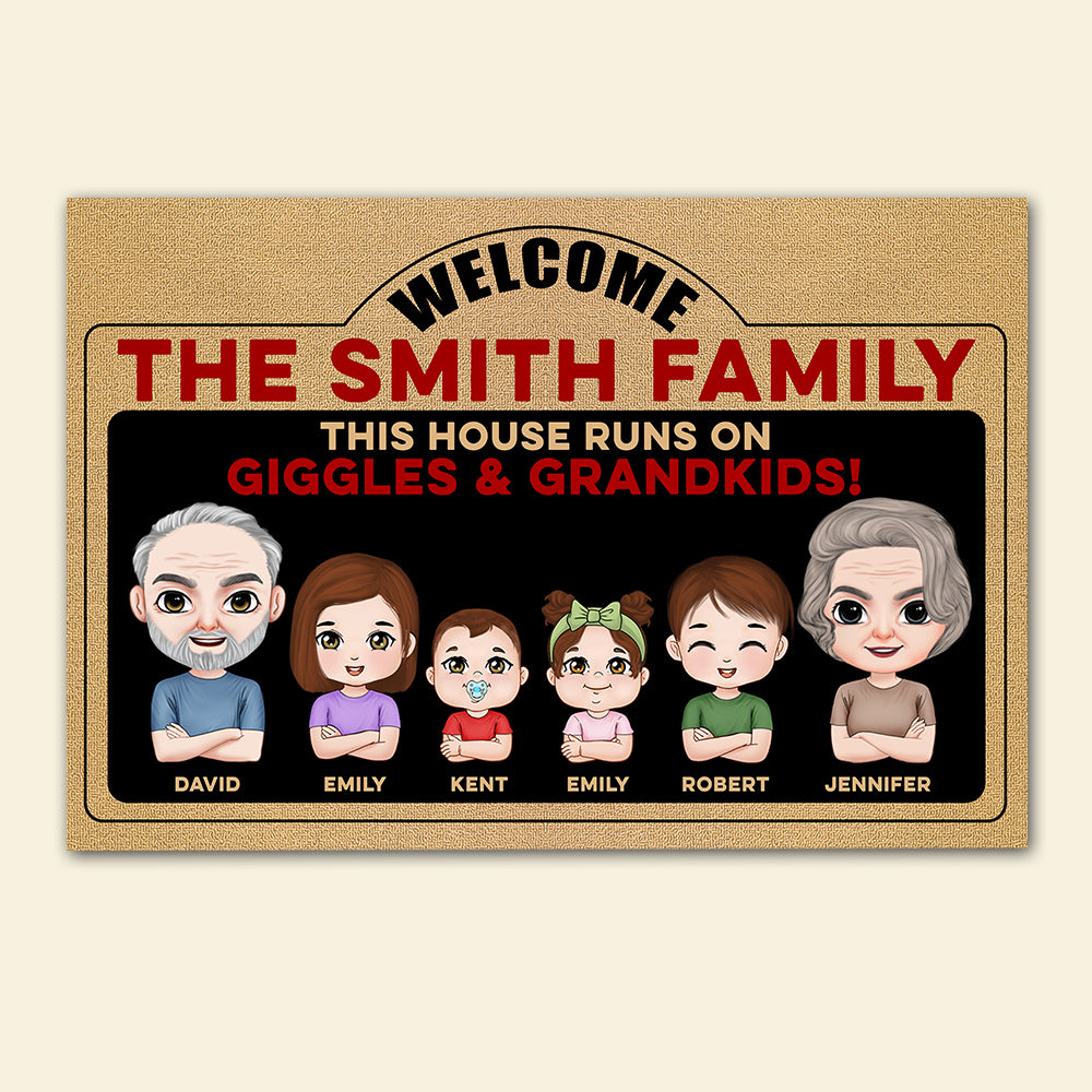 This House Runs On Giggles & Grandkids, Personalized Door Mat, Grandparent and Kids Welcome Door Mat, Gift For Grandparents - Doormat - GoDuckee