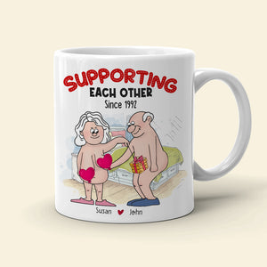 Supporting Each Other, Old Funny Couple Valentine White Mug - Coffee Mug - GoDuckee