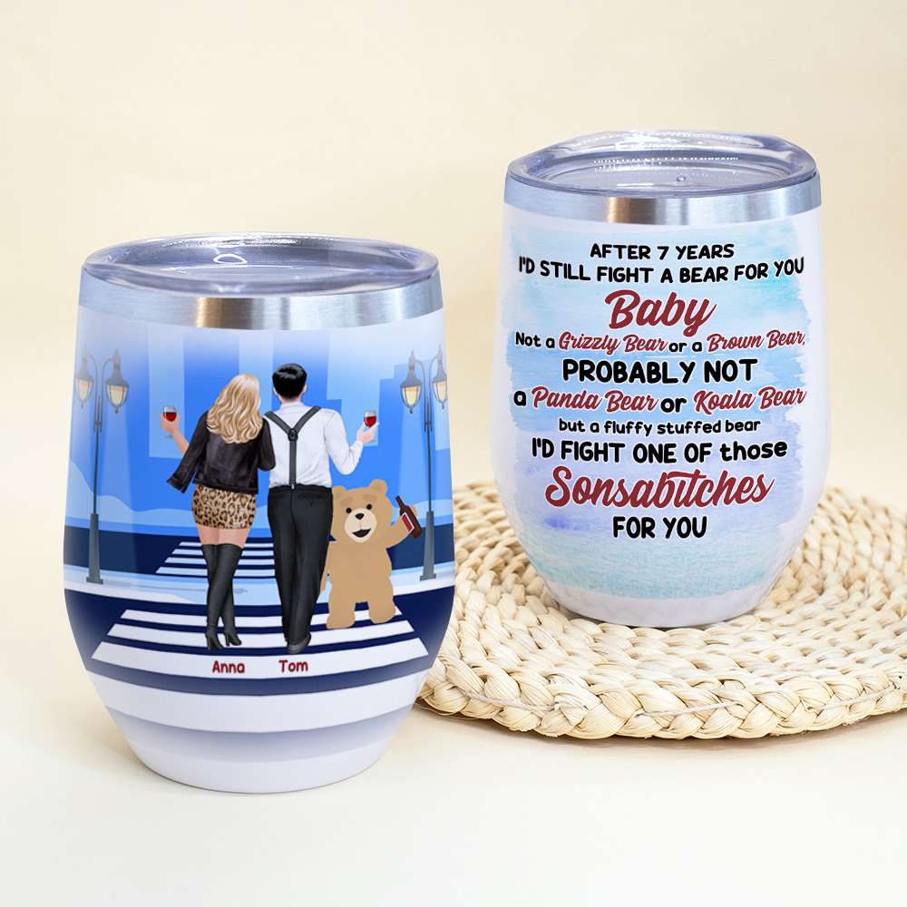 Fight a Bear For You Baby, Personalized Couple Wine Tumbler - Wine Tumbler - GoDuckee