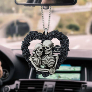 Personalized Skeleton Couple Car Ornament And Keychain, Black Rose Heart Shape - Ornament - GoDuckee