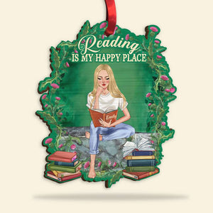 Reading Is My Happy Place Personalized Wood Ornament, Christmas Gift - Ornament - GoDuckee