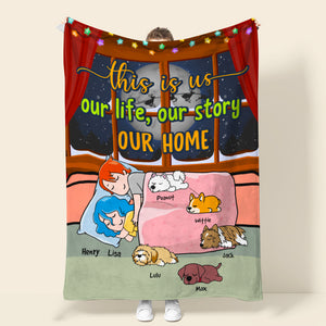 Personalized Cartoon Sleeping Couple & Dog Breeds Blanket - This Is Us Our Life Our Story Our Home - Blanket - GoDuckee