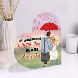 Showering You With Love Today And Every Day, Couple Umbrella Heart Shaped Acrylic Plaque - Decorative Plaques - GoDuckee