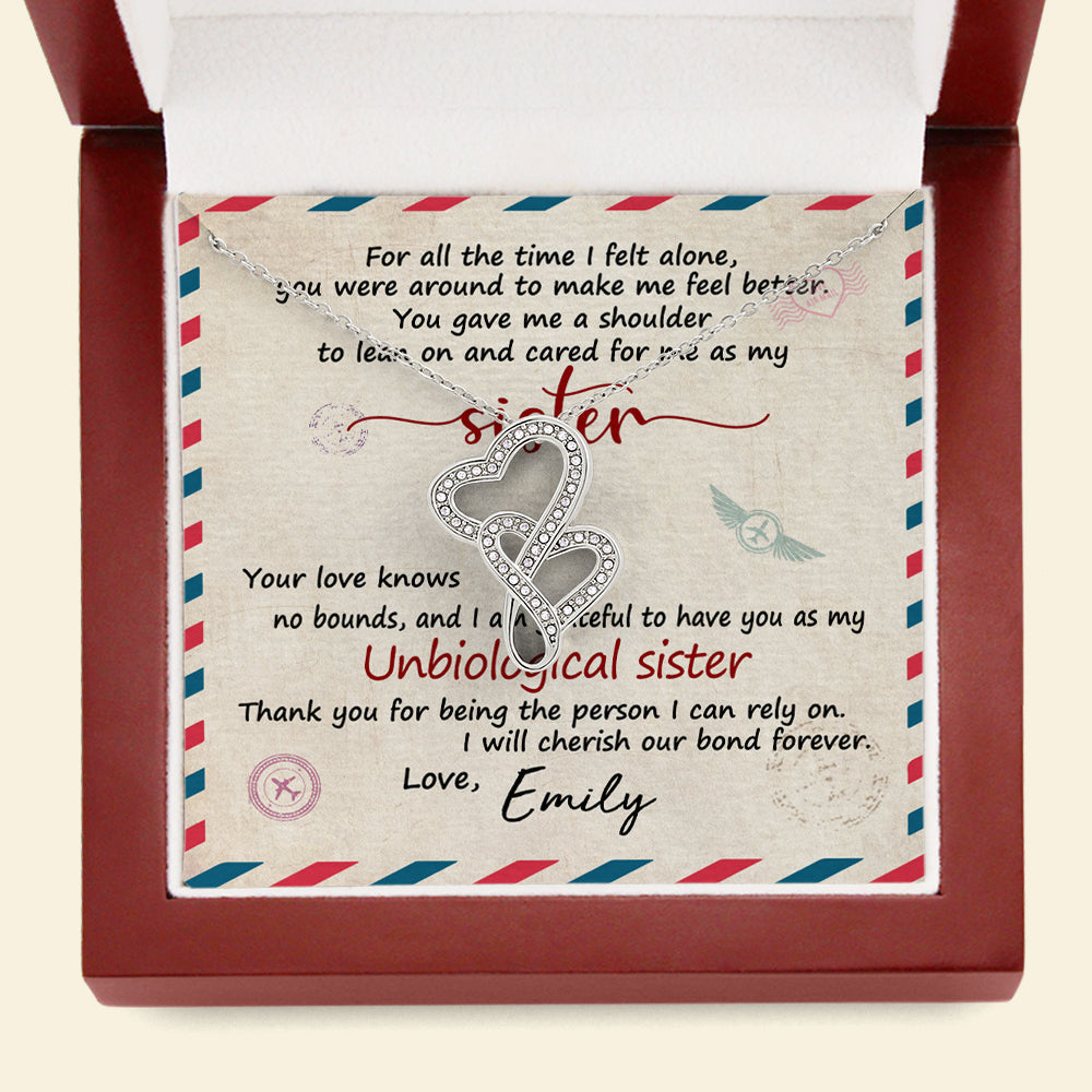 Unbiological Sister Double Hearts Necklace - Custom Name - Stamp Postage - Message Card - Jewelry - GoDuckee