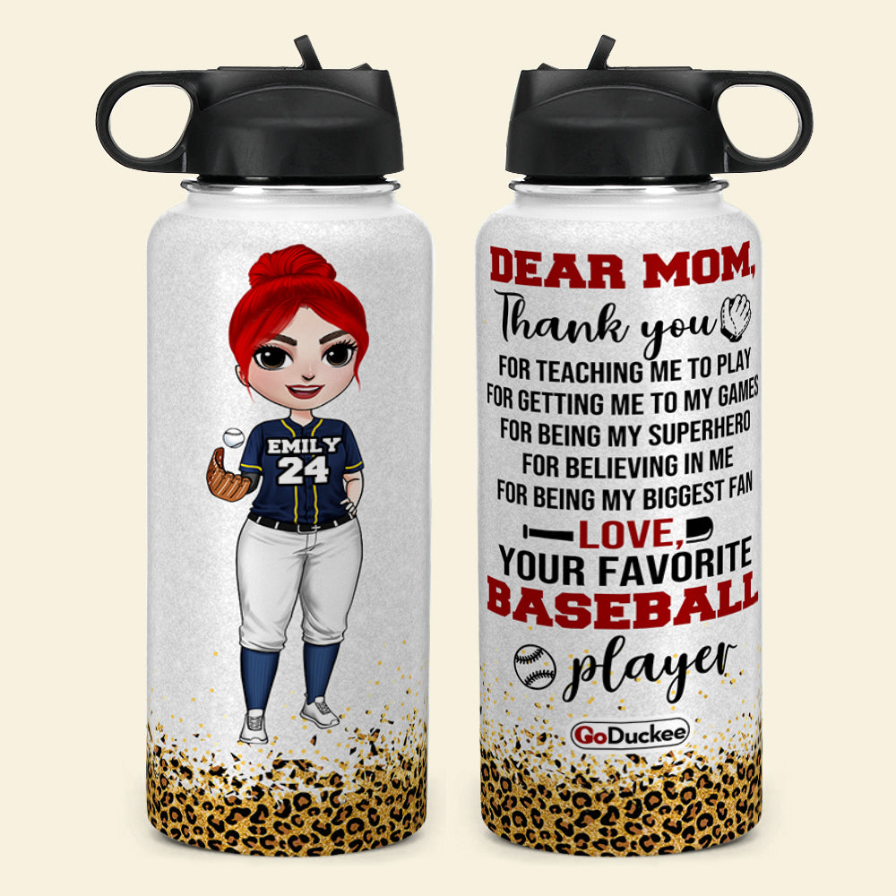 Personalized Female Baseball Player Water Bottle - Dear Mom, Thank You - Water Bottles - GoDuckee