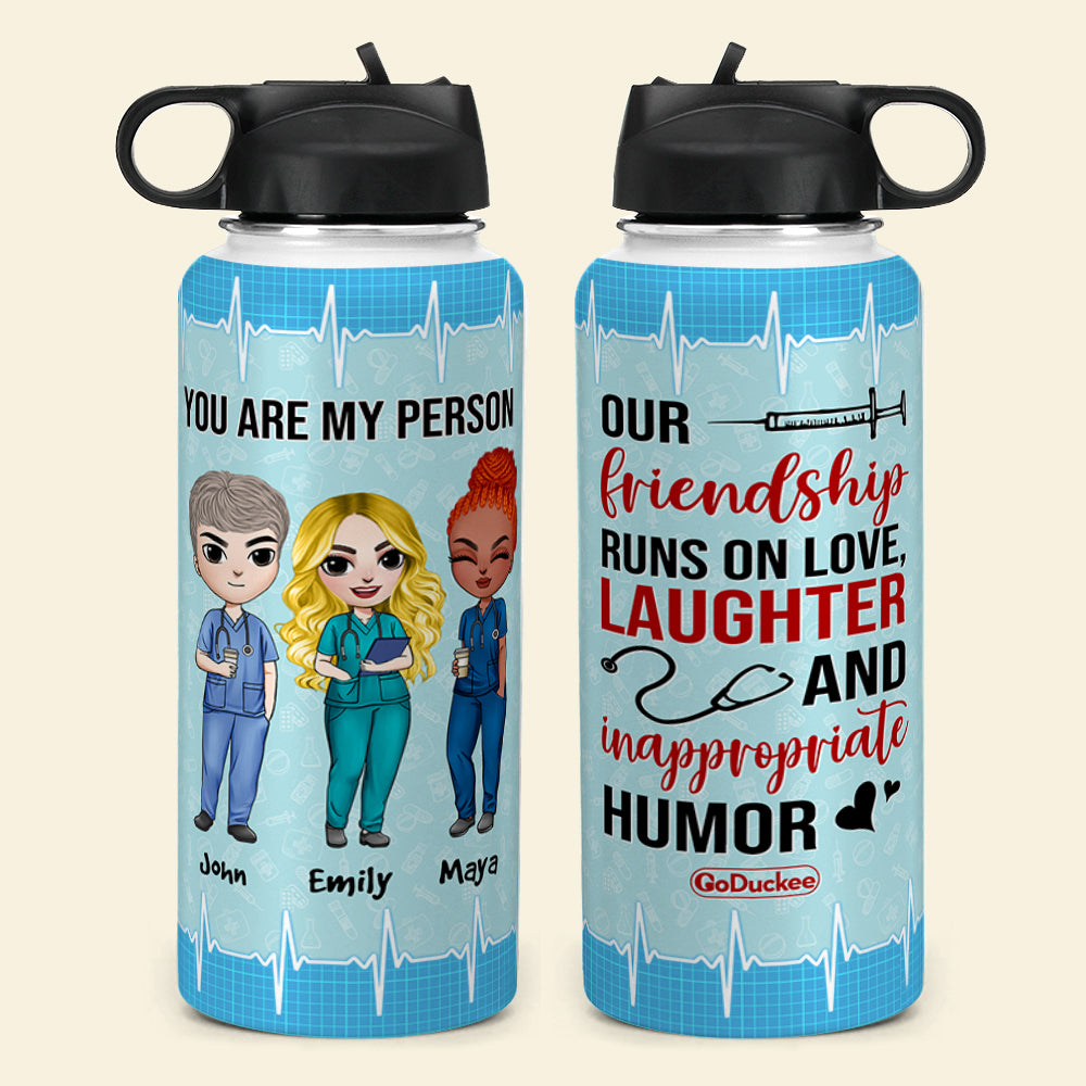 Personalized Nurse Bestie Water Bottle - You Are My Person - Chibi Nurse Front View - Water Bottles - GoDuckee