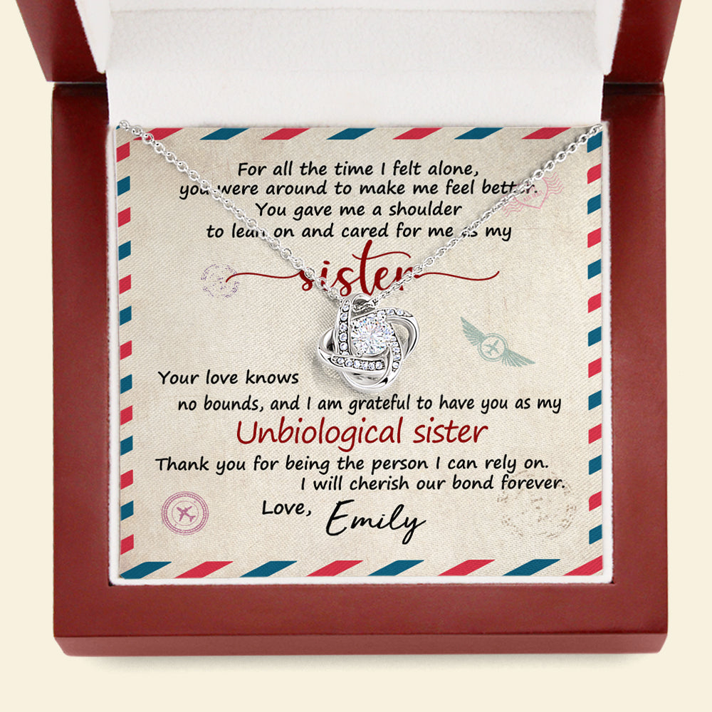 Unbiological Sister Love Knot Necklace - Custom Name - Stamp Postage - Jewelry - GoDuckee