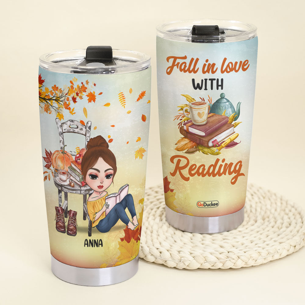 Reading Girl In Autumn, Personalized Tumbler Cup, Fall In Love With Reading - Tumbler Cup - GoDuckee