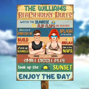 Personalized Hawaii Wreath Couple Metal Sign - Beach House Rules Enjoy The Day - Metal Wall Art - GoDuckee