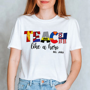 Christmas Teacher Personalized Shirt - Teach Like A Hero - Custom Letter - Shirts - GoDuckee