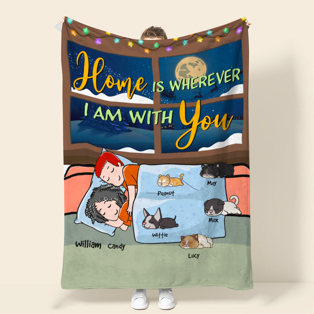 Personalized Cartoon Sleeping Couple & Cat Breeds Blanket - Home Is Wherever I Am With You - Blanket - GoDuckee