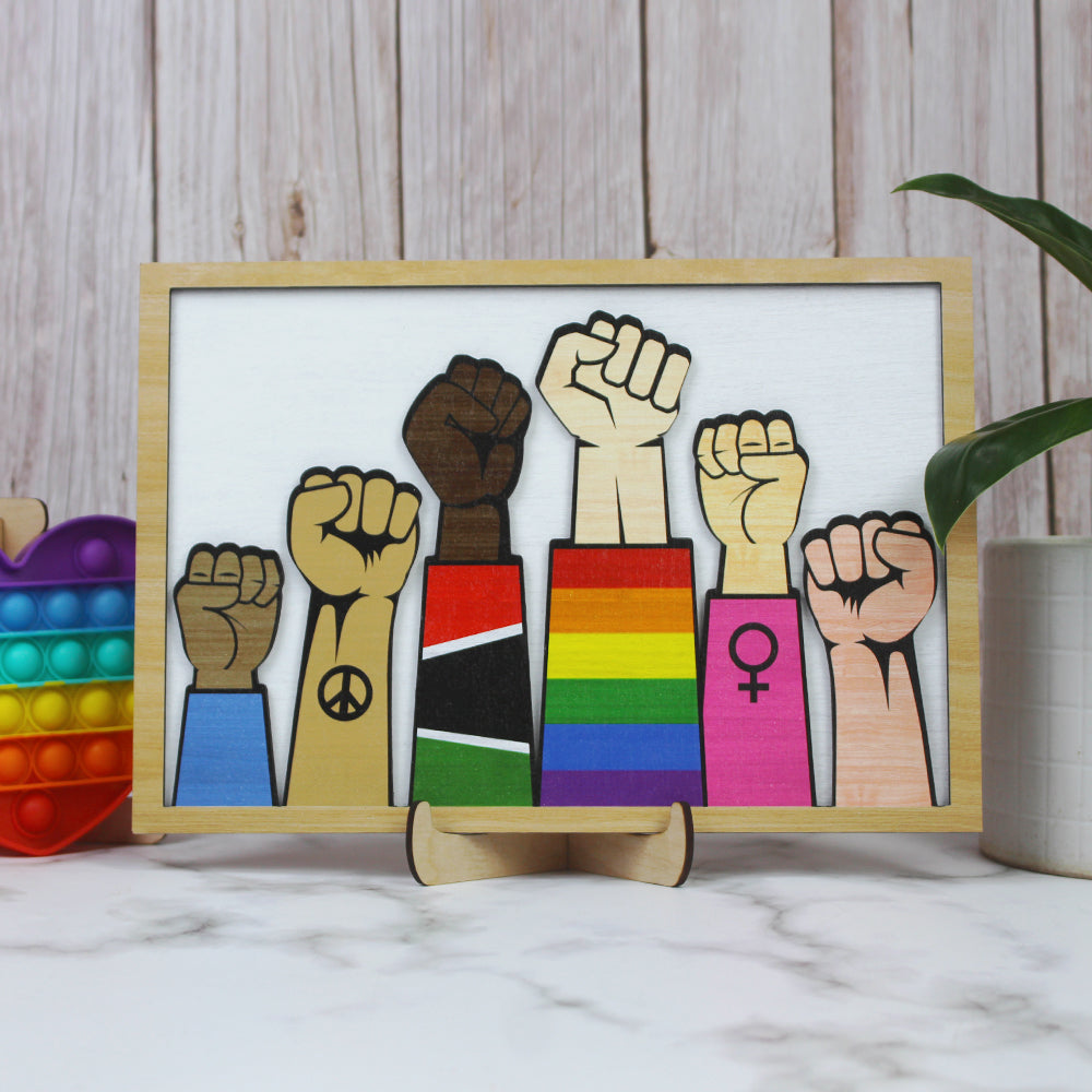 Human Rights Raising Hands For Equality Layered Wood Sign Stand - Wood Sign - GoDuckee