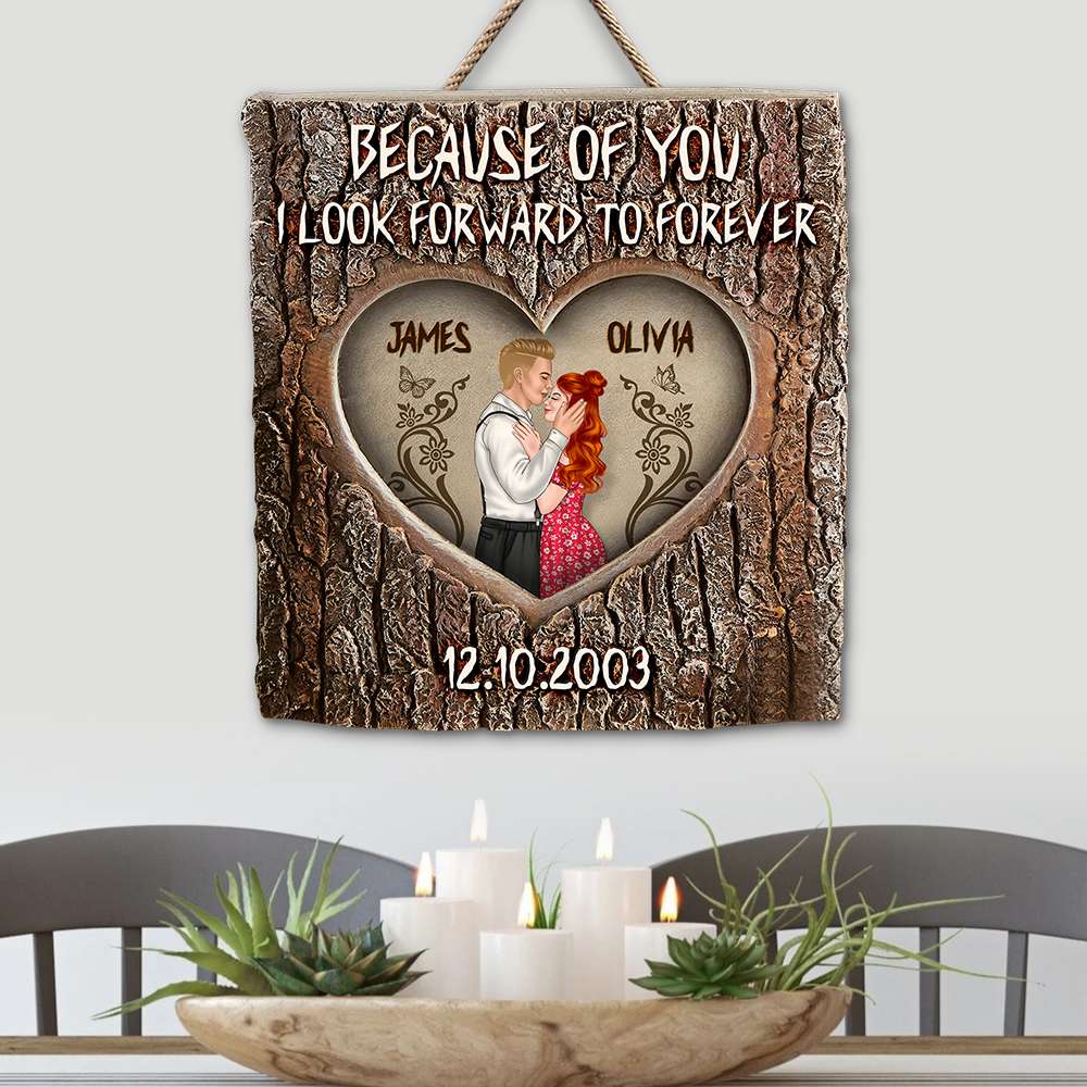 Because Of You - Romantic Couple Wood Sign, Personalized Layered Wood Sign - Anniversary Gift For Couple - Wood Sign - GoDuckee