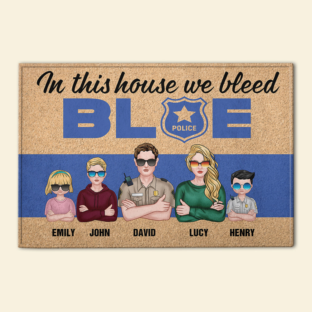 In This House We Bleed Blue - Personalized Police Doormat - Gift For Family, Police Family - Doormat - GoDuckee