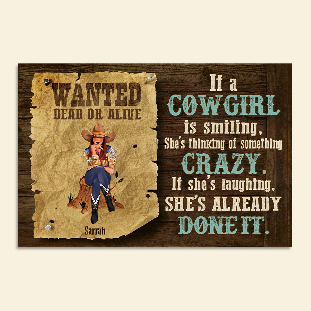 Personalized Sitting Cowgirl Poster - Wanted Dead Or Alive, It's A Cowgirl Is Smilling - Poster & Canvas - GoDuckee