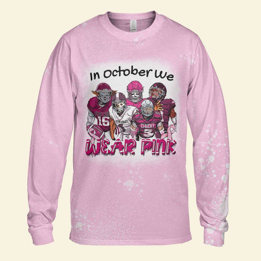 Breast Cancer Horror Football Team, In October We Wear Pink Bleached Long Sleeve T-shirt - Shirts - GoDuckee