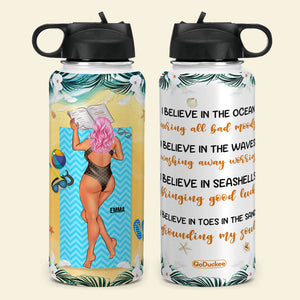 Personalized Suntan Girl Water Bottle - I Believe In The Ocean, Waves, Seashells - Water Bottles - GoDuckee