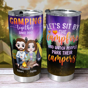 Let's Sit By The Campfire And Watch People Park Their Campers, Couple Drinking Personalized Tumbler - Tumbler Cup - GoDuckee